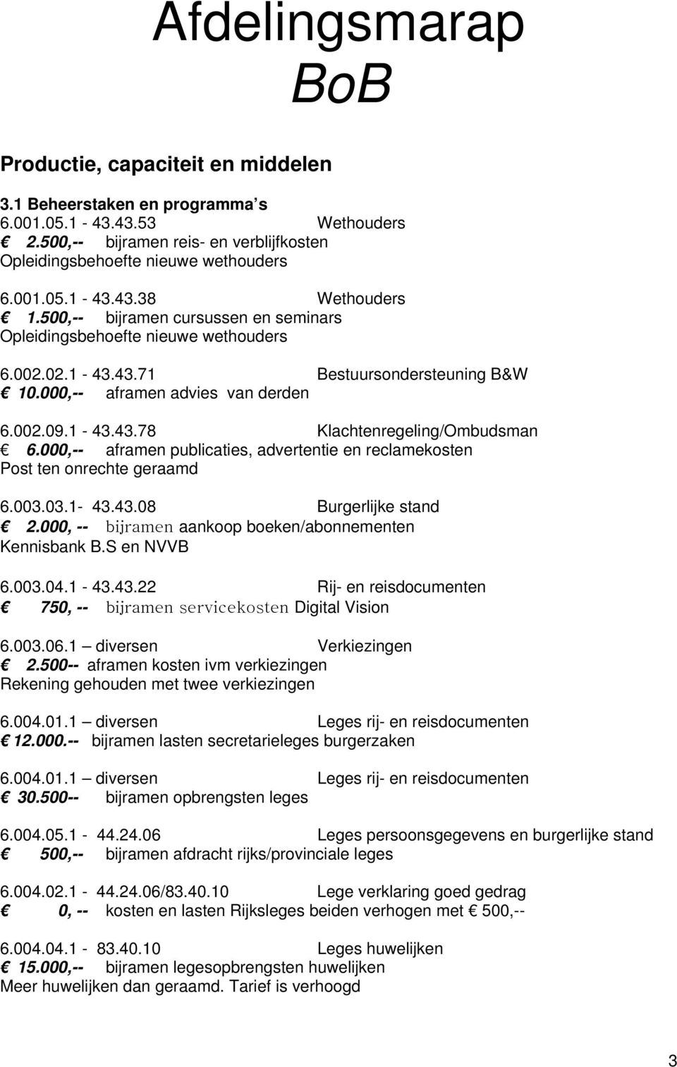 1-43.43.78 Klachtenregeling/Ombudsman 6.000,-- aframen publicaties, advertentie en reclamekosten Post ten onrechte geraamd 6.003.03.1-43.43.08 Burgerlijke stand 2.