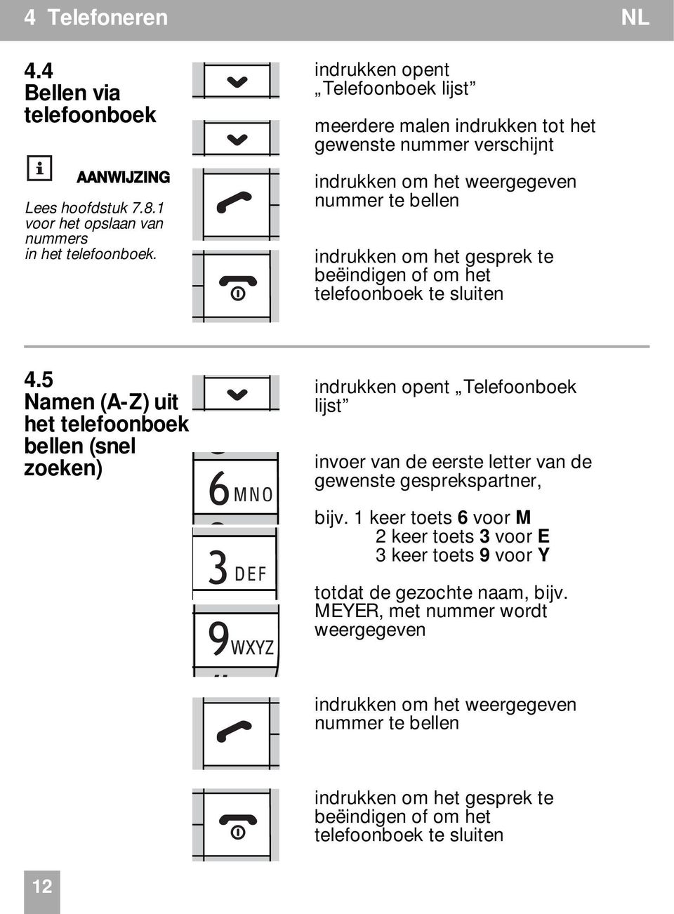 5 Namen (A-Z) uit het telefoonboek bellen (snel zoeken) indrukken opent Telefoonboek lijst invoer van de eerste letter van de gewenste gesprekspartner, bijv.