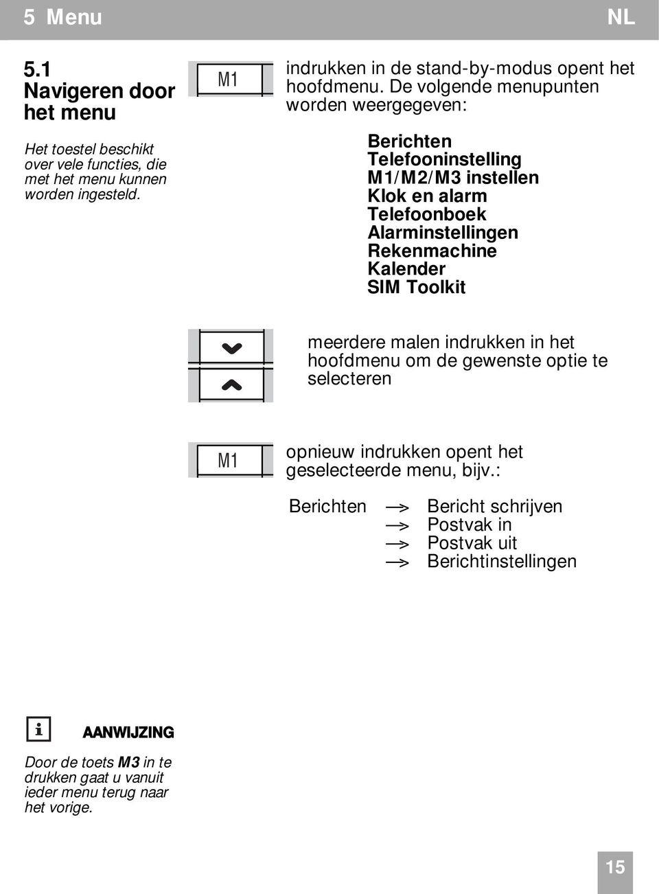 De volgende menupunten worden weergegeven: Berichten Telefooninstelling M1/M2/M3 instellen Klok en alarm Telefoonboek Alarminstellingen Rekenmachine Kalender SIM