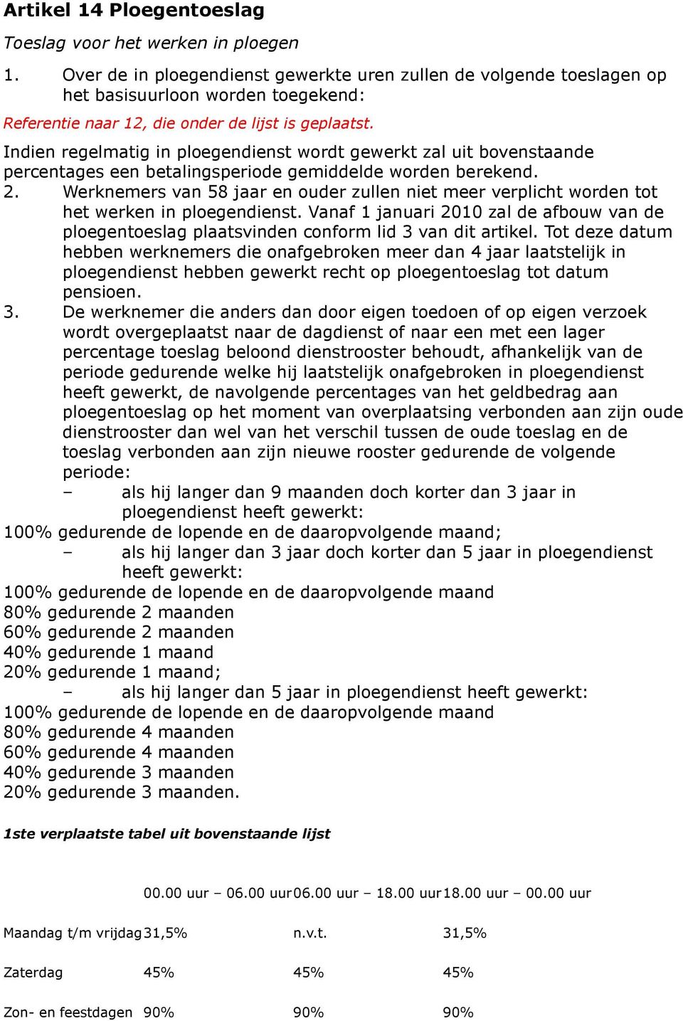 Werknemers van 58 jaar ouder zull niet meer verplicht word tot het werk in ploegdist. Vanaf 1 januari 2010 zal de afbouw van de ploegtoeslag plaatsvind conform lid 3 van dit artikel.