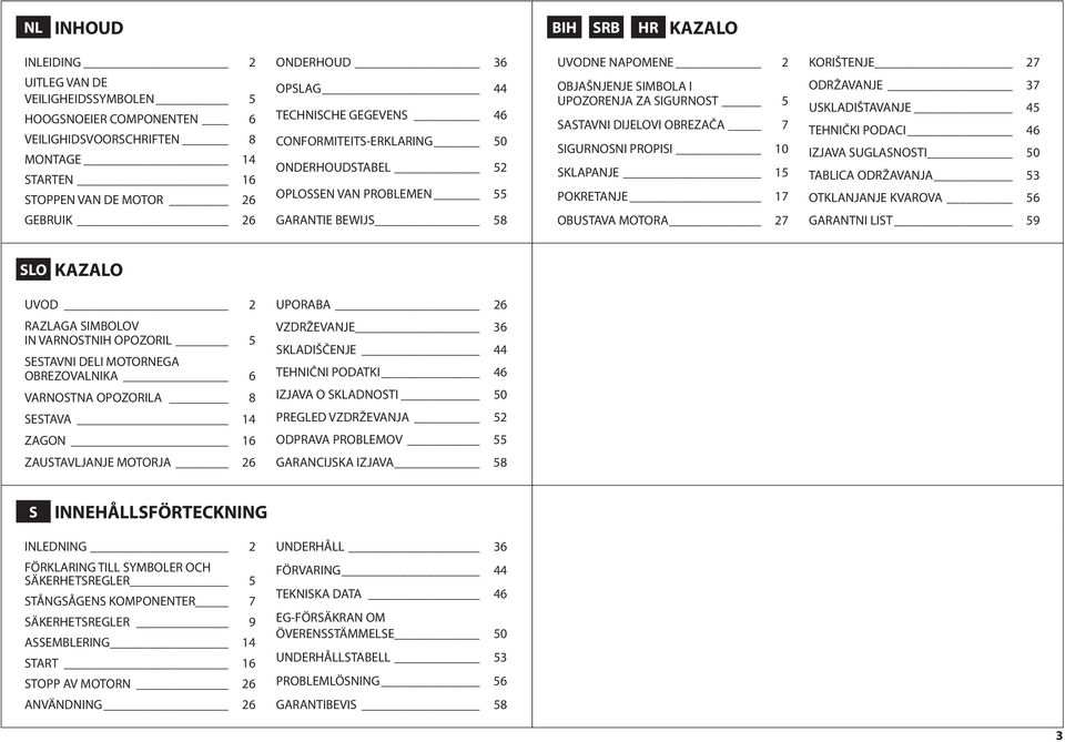 DIJELOVI OBREZAČA 7 SIGURNOSNI PROPISI 10 SKLAPANJE 15 POKRETANJE 17 OBUSTAVA MOTORA 27 KORIŠTENJE 27 ODRŽAVANJE 37 USKLADIŠTAVANJE 45 TEHNIČKI PODACI 46 IZJAVA SUGLASNOSTI 50 TABLICA ODRŽAVANJA 53