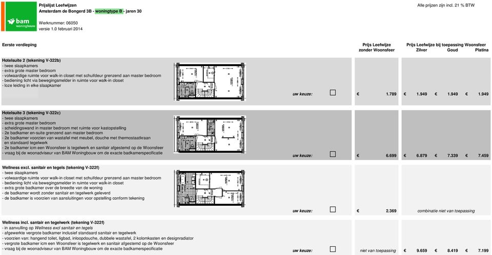 949 Hotelsuite 3 (tekening V-322c) - scheidingswand in master bedroom met ruimte voor kastopstelling - 2e badkamer en-suite grenzend aan master bedroom - 2e badkamer voorzien van wastafel met meubel,