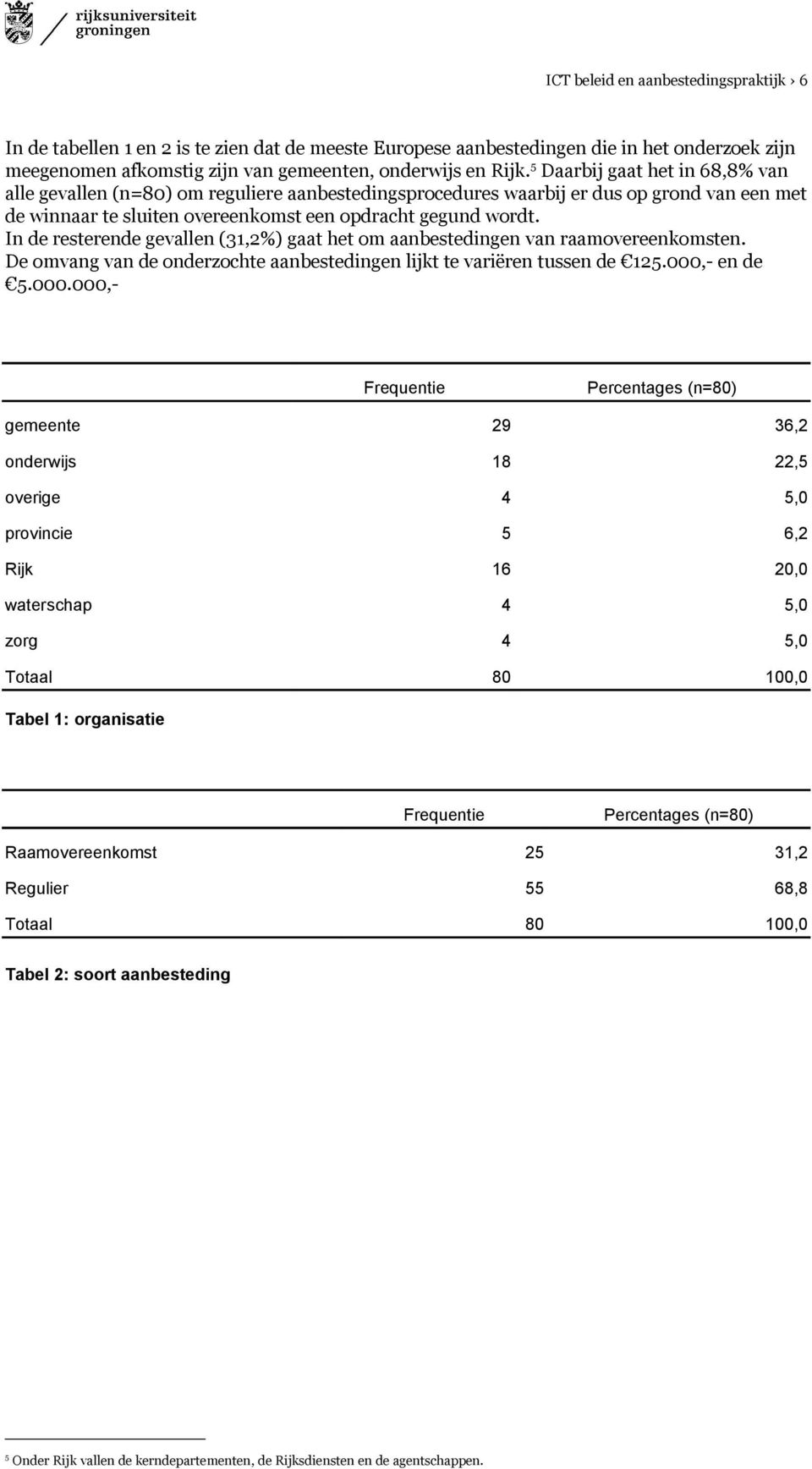 In de resterende gevallen (31,2%) gaat het om aanbestedingen van raamovereenkomsten. De omvang van de onderzochte aanbestedingen lijkt te variëren tussen de 125.000,