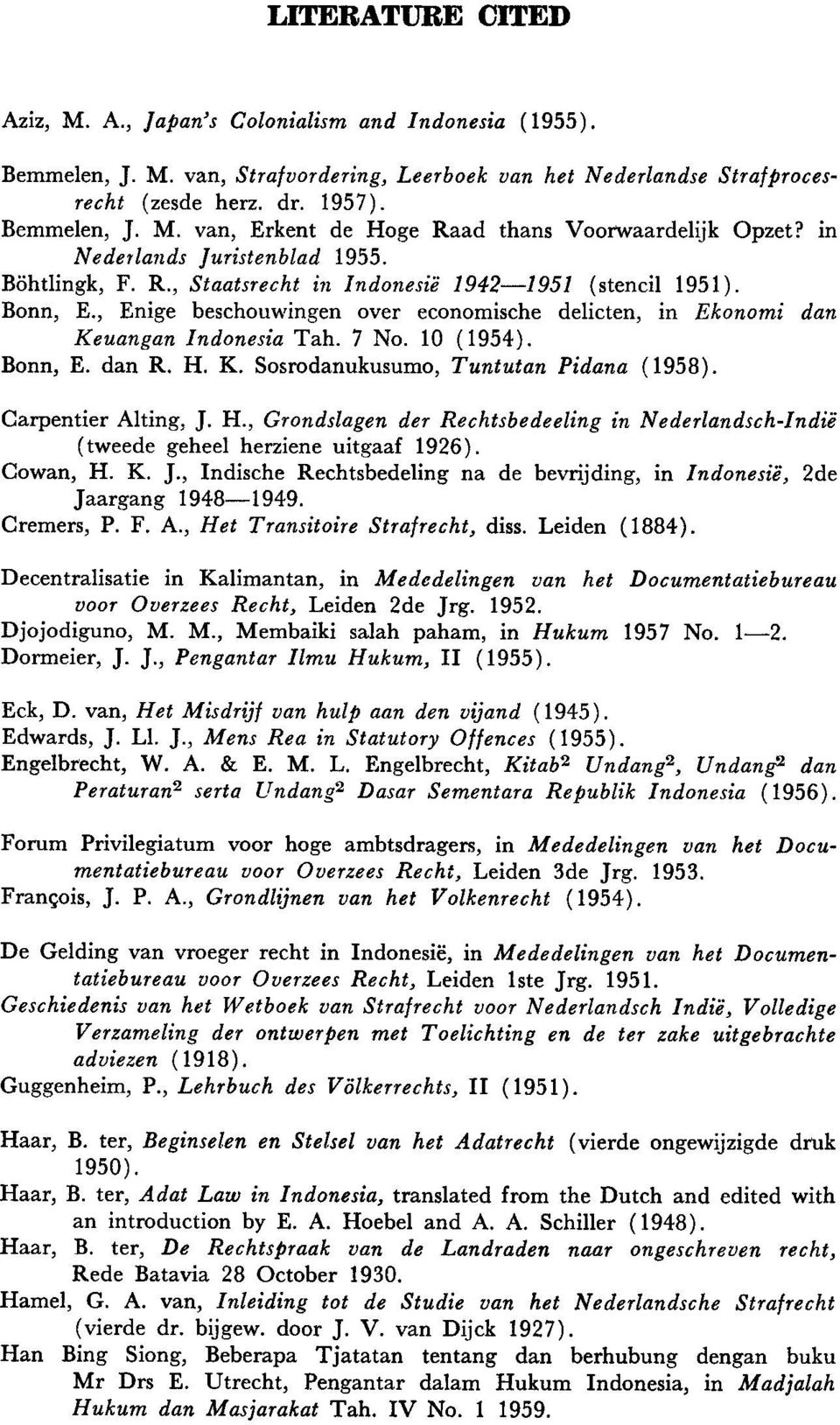 7 No. 10 (1954). Bonn, E. dan R. H. K. Sosrodanukusumo, Tuntutan Pidana ( 1958). Carpentier Alting, J. H., Grondslagen der Rechtsbedeeling in Nederlandsch-Indie ( tweede geheel herziene uitgaaf 1926).