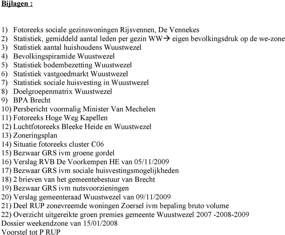 Wuustwezel 9) BPA Brecht 10) Persbericht voormalig Minister Van Mechelen 11) Fotoreeks Hoge Weg Kapellen 12) Luchtfotoreeks Bleeke Heide en Wuustwezel 13) Zoneringsplan 14) Situatie fotoreeks cluster