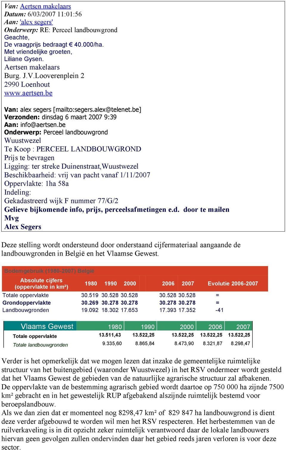 be Onderwerp: Perceel landbouwgrond Wuustwezel Te Koop : PERCEEL LANDBOUWGROND Prijs te bevragen Ligging: ter streke Duinenstraat,Wuustwezel Beschikbaarheid: vrij van pacht vanaf 1/11/2007