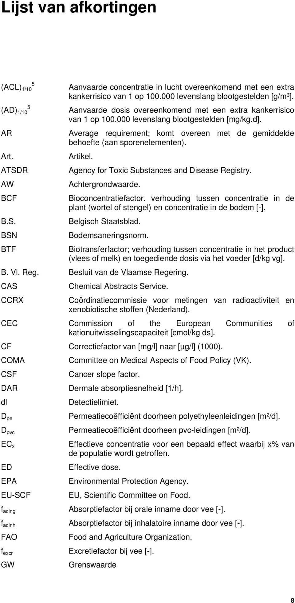 Artikel. ATSDR Agency for Toxic Substances and Disease Registry. AW Achtergrondwaarde. BCF Bioconcentratiefactor.
