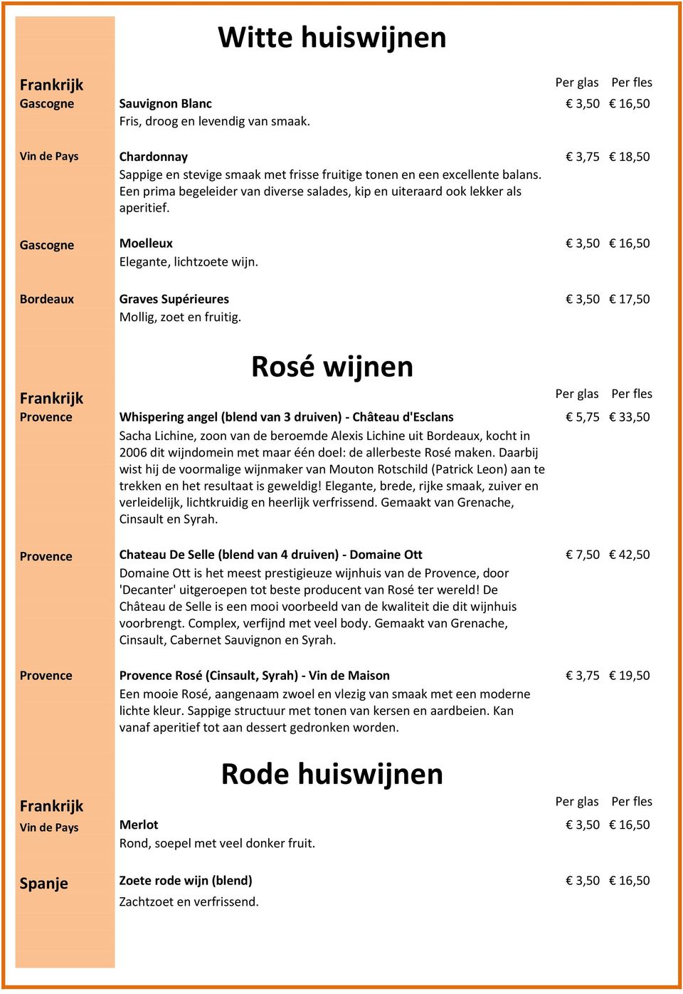 Gascogne Moelleux 3,50 16,50 Elegante, lichtzoete wijn. Bordeaux Graves Supérieures 3,50 17,50 Mollig, zoet en fruitig.