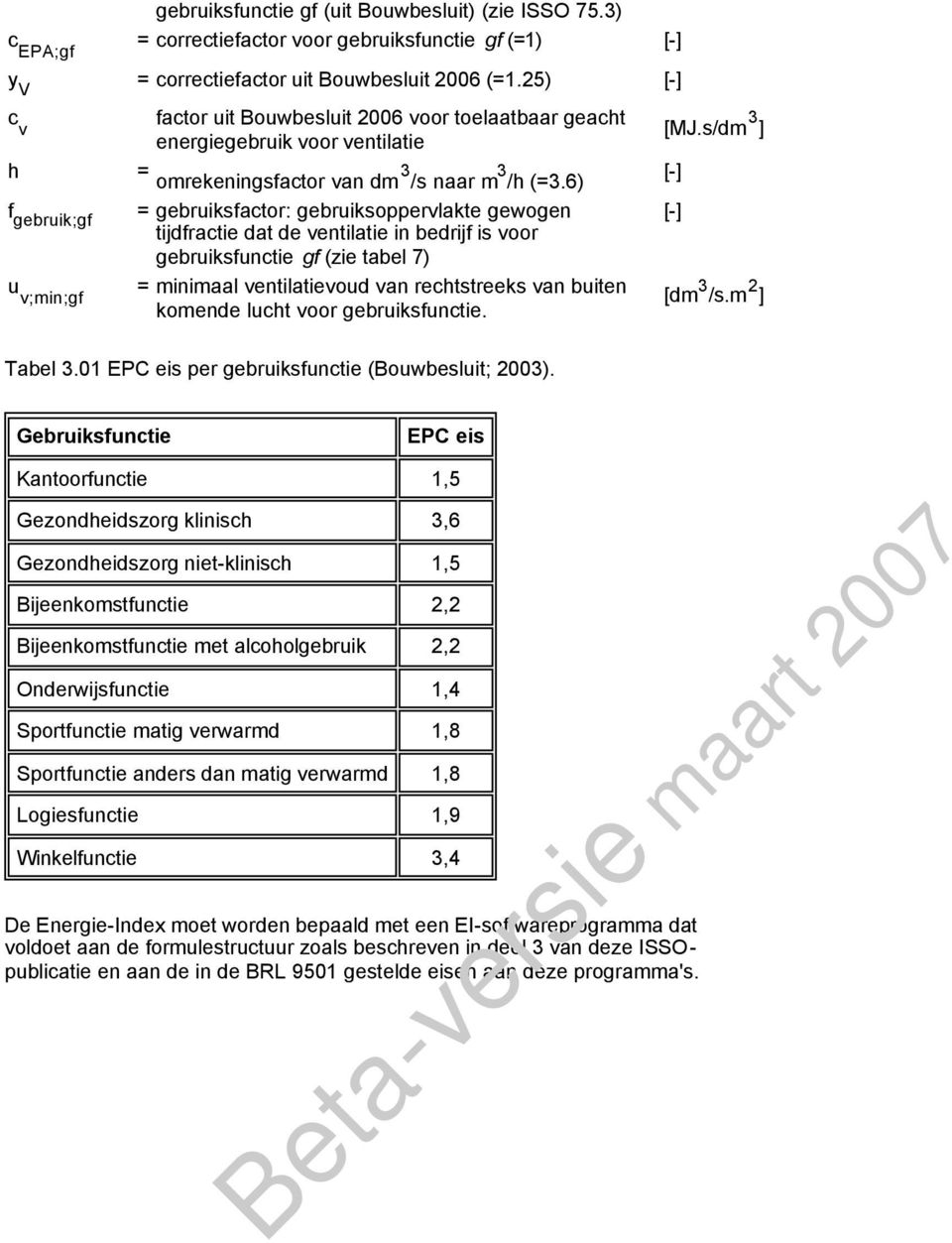 6) [-] f gebruik;gf u v;min;gf = gebruiksfactor: gebruiksoppervlakte gewogen tijdfractie dat de ventilatie in bedrijf is voor gebruiksfunctie gf (zie tabel 7) = minimaal ventilatievoud van