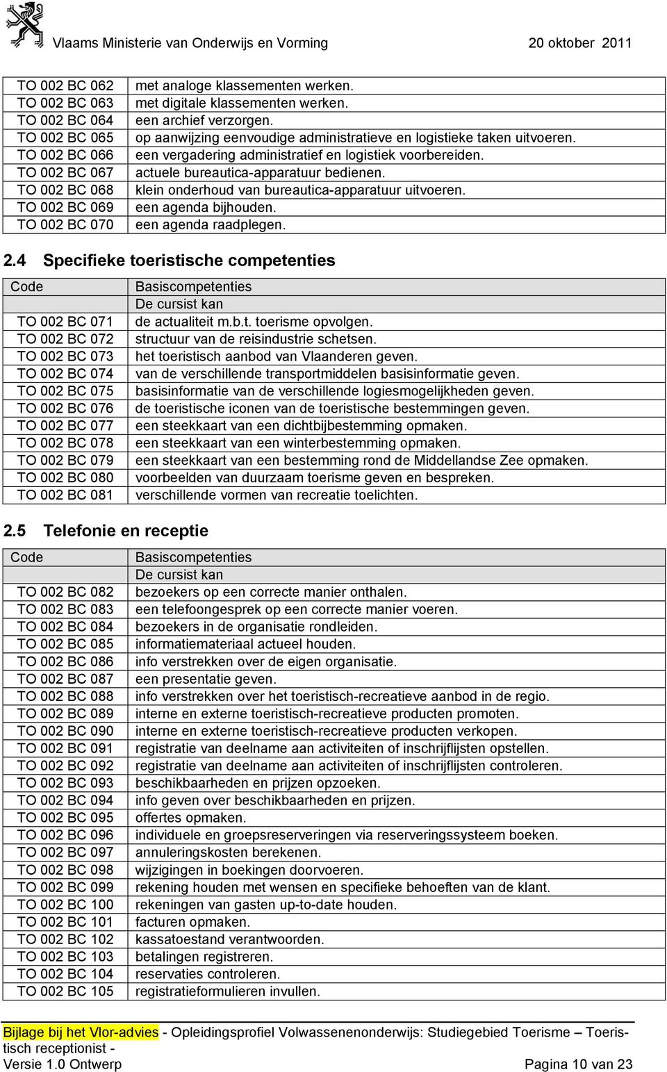 klein onderhoud van bureautica-apparatuur uitvoeren. een agenda bijhouden. een agenda raadplegen. 2.4 Specifieke toeristische competenties Basiscompetenties TO 002 BC 071 de actualiteit m.b.t. toerisme opvolgen.