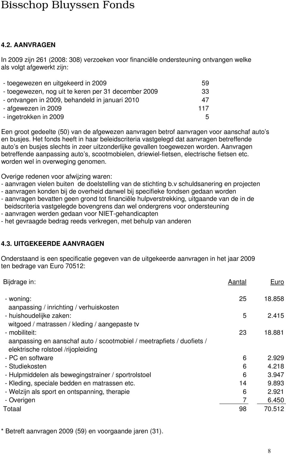 auto s en busjes. Het fonds heeft in haar beleidscriteria vastgelegd dat aanvragen betreffende auto s en busjes slechts in zeer uitzonderlijke gevallen toegewezen worden.