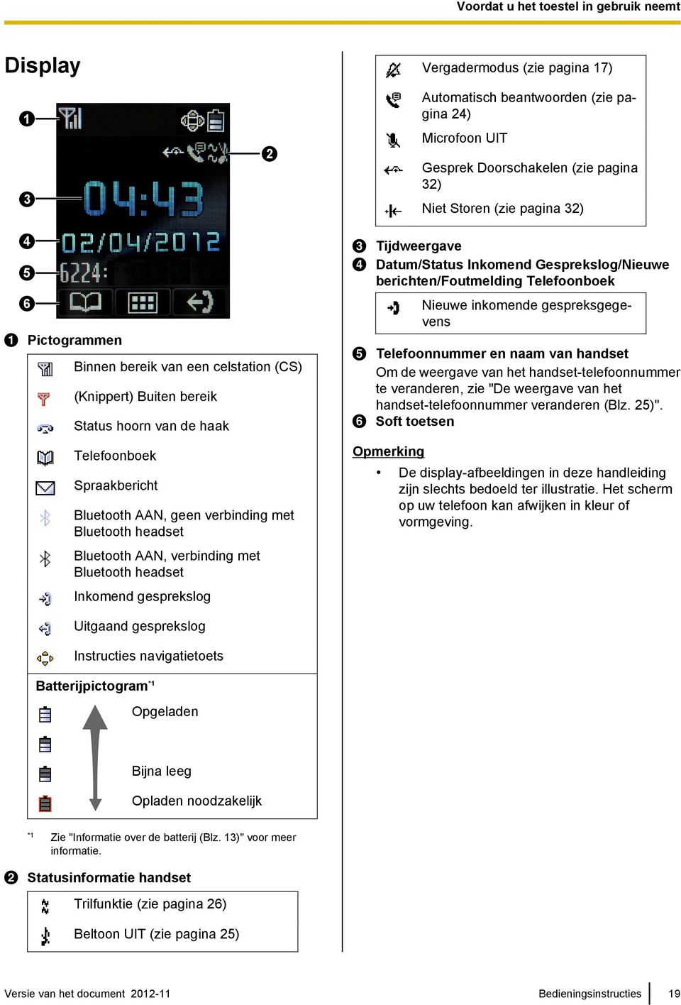 Bluetooth AAN, verbinding met Bluetooth headset Inkomend gesprekslog Tijdweergave Datum/Status Inkomend Gesprekslog/Nieuwe berichten/foutmelding Telefoonboek Nieuwe inkomende gespreksgegevens