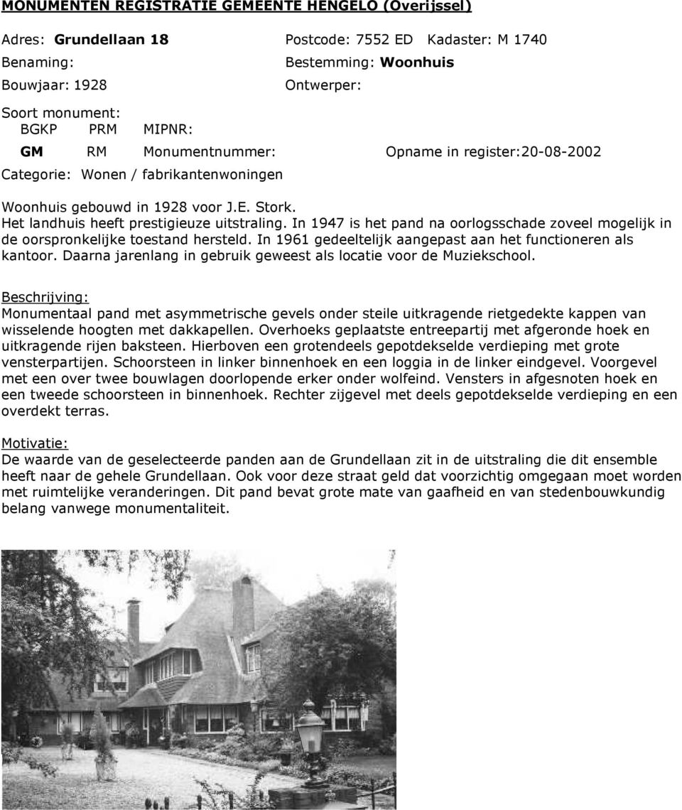 In 1961 gedeeltelijk aangepast aan het functioneren als kantoor. Daarna jarenlang in gebruik geweest als locatie voor de Muziekschool.