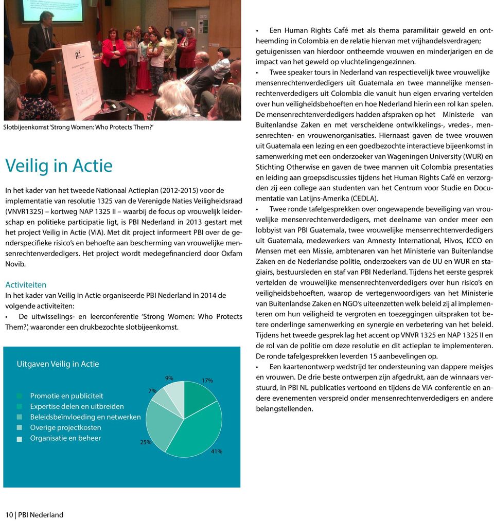 focus op vrouwelijk leiderschap en politieke participatie ligt, is PBI Nederland in 2013 gestart met het project Veilig in Actie (ViA).