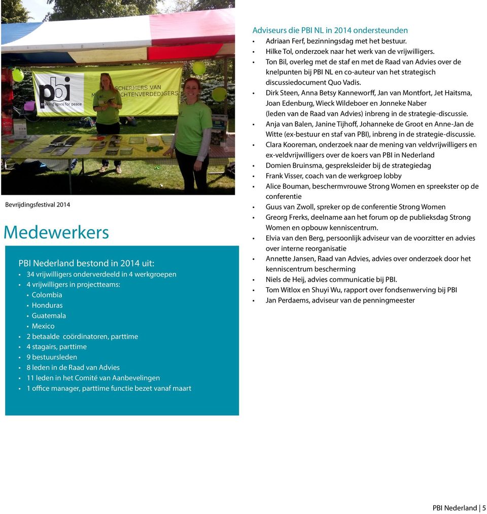 PBI NL in 2014 ondersteunden Adriaan Ferf, bezinningsdag met het bestuur. Hilke Tol, onderzoek naar het werk van de vrijwilligers.