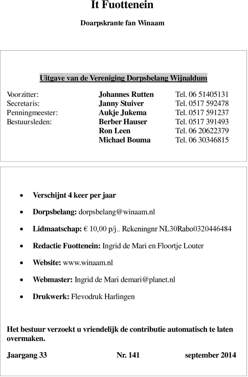 06 30346815 Verschijnt 4 keer per jaar Dorpsbelang: dorpsbelang@winaam.nl Lidmaatschap: 10,00 p/j.