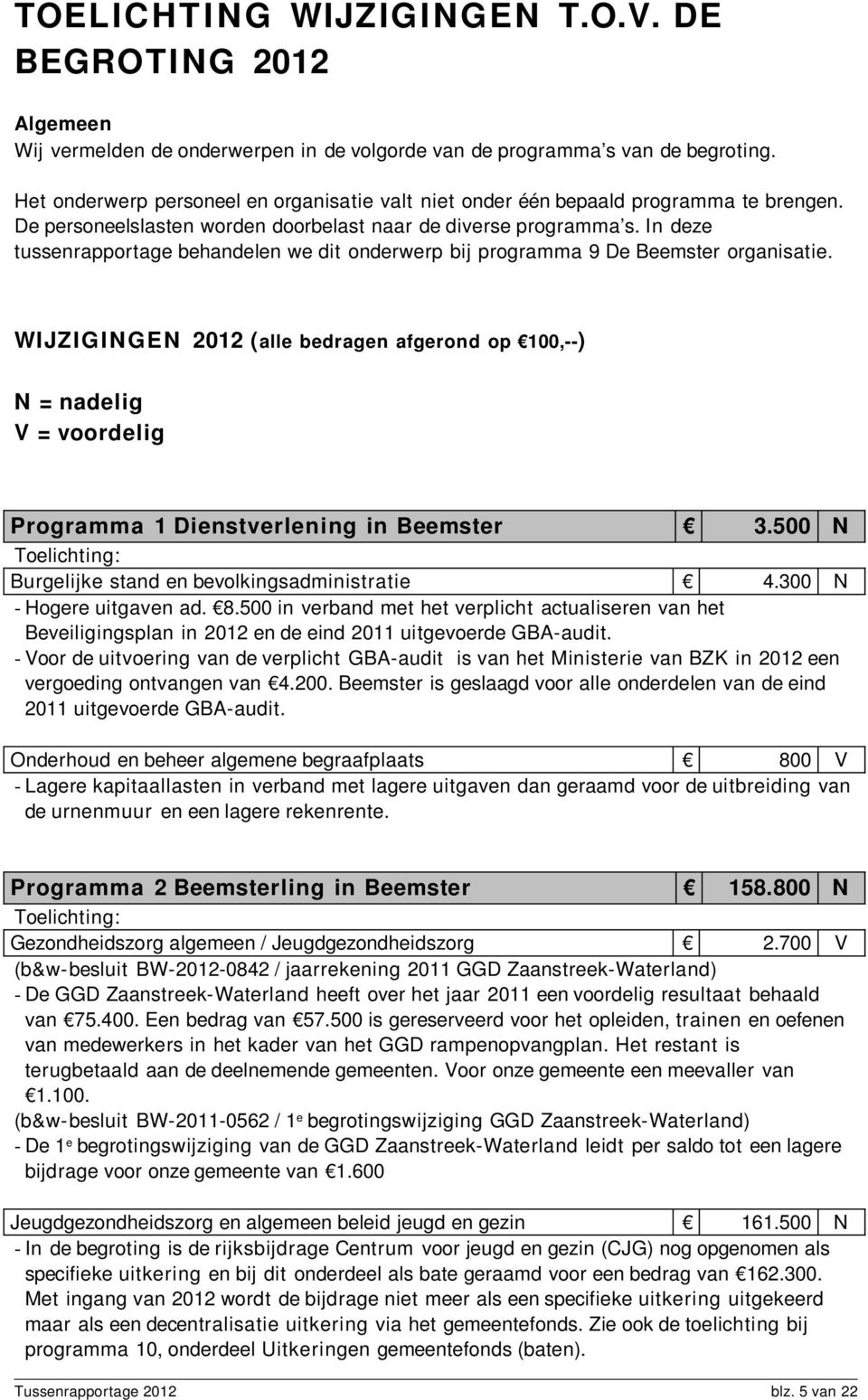 In deze tussenrapportage behandelen we dit onderwerp bij programma 9 De Beemster organisatie.