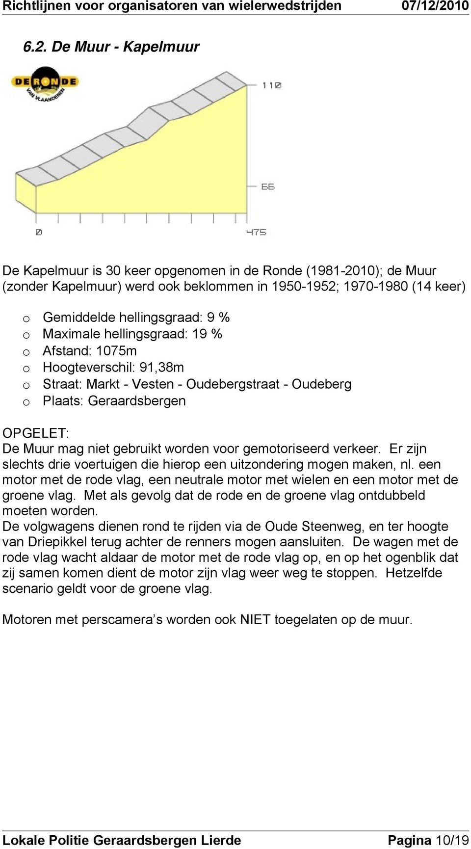 Maximale hellingsgraad: 19 % Afstand: 1075m Hgteverschil: 91,38m Straat: Markt - Vesten - Oudebergstraat - Oudeberg Plaats: Geraardsbergen OPGELET: De Muur mag niet gebruikt wrden vr gemtriseerd