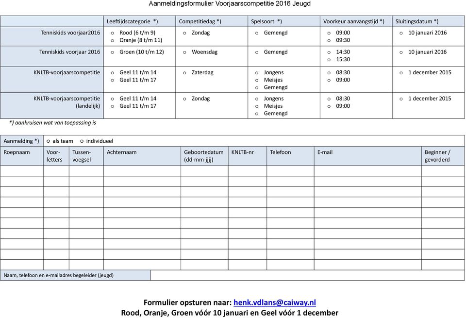 t/m 14 o Geel 11 t/m 17 o Zaterdag o Jongens o Meisjes o Gemengd o 08:30 o 09:00 o 1 december 2015 KNLTB-voorjaarscompetitie (landelijk) *) aankruisen wat van toepassing is o Geel 11 t/m 14 o Geel 11