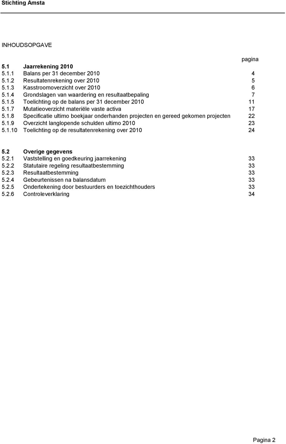 1.10 Toelichting op de resultatenrekening over 2010 24 5.2 Overige gegevens 5.2.1 Vaststelling en goedkeuring jaarrekening 33 5.2.2 Statutaire regeling resultaatbestemming 33 5.2.3 Resultaatbestemming 33 5.