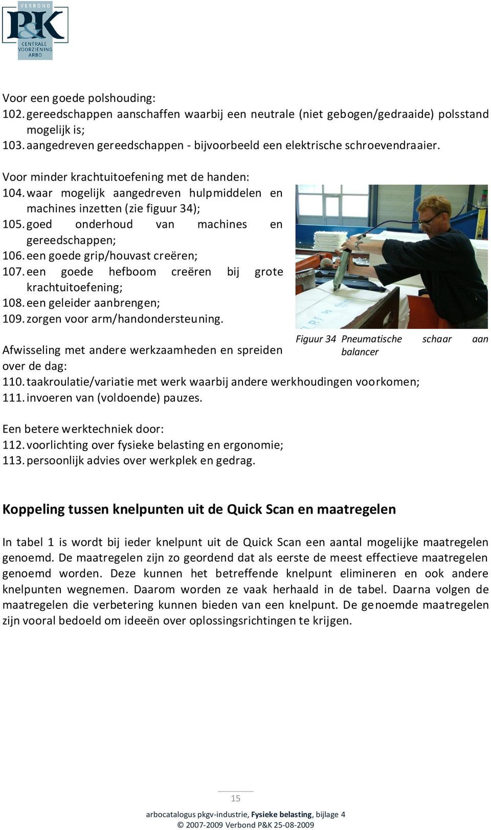 waar mogelijk aangedreven hulpmiddelen en machines inzetten (zie figuur 34); 105. goed onderhoud van machines en gereedschappen; 106. een goede grip/houvast creëren; 107.