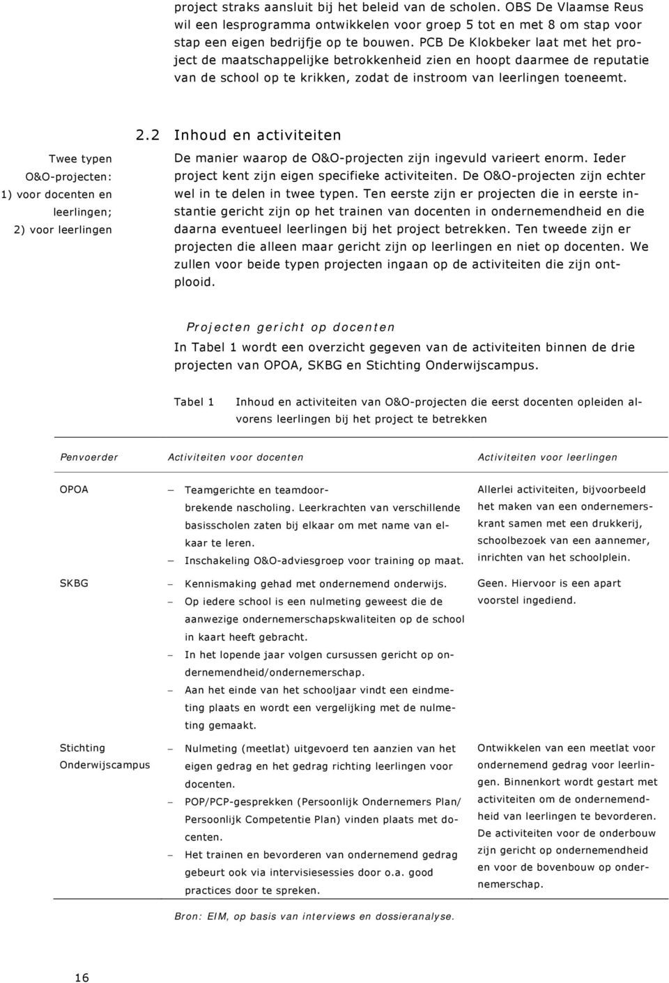 2 Inhoud en activiteiten Twee typen O&O-projecten: 1) voor docenten en leerlingen; 2) voor leerlingen De manier waarop de O&O-projecten zijn ingevuld varieert enorm.