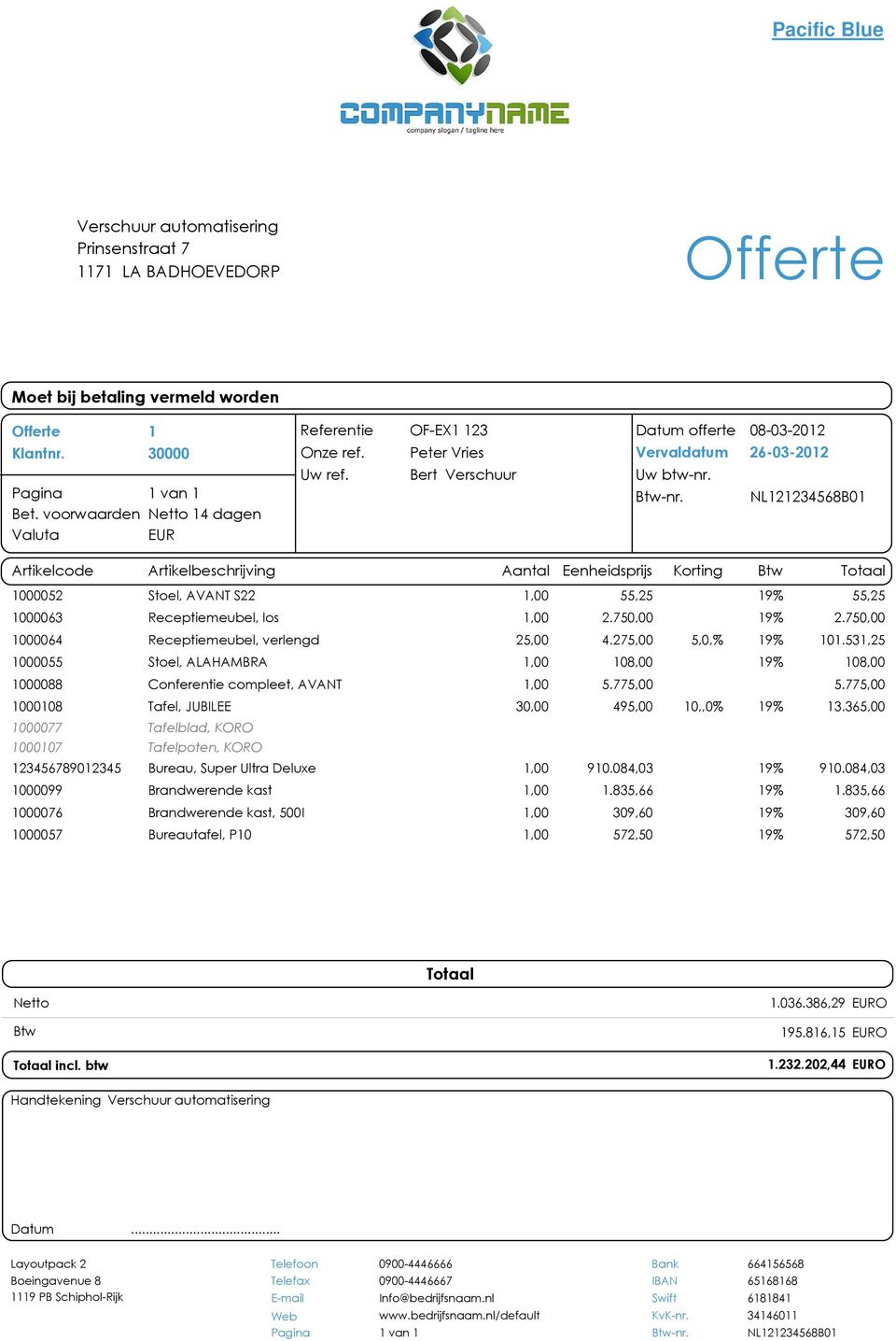 NL121234568B01 Artikelbeschrijving Aantal Eenheidsprijs Korting 1000052 1000063 Stoel, AVANT S22 1,00 55,25 19% 55,25 Receptiemeubel, los 1,00 2.750,00 19% 2.