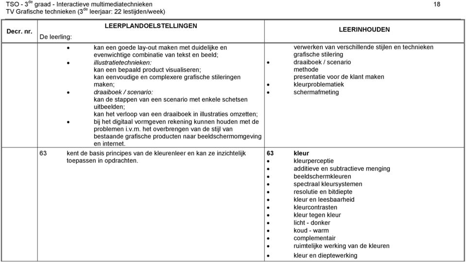 eenvoudige en complexere grafische stileringen maken; draaiboek / scenario: kan de stappen van een scenario met enkele schetsen uitbeelden; kan het verloop van een draaiboek in illustraties omzetten;