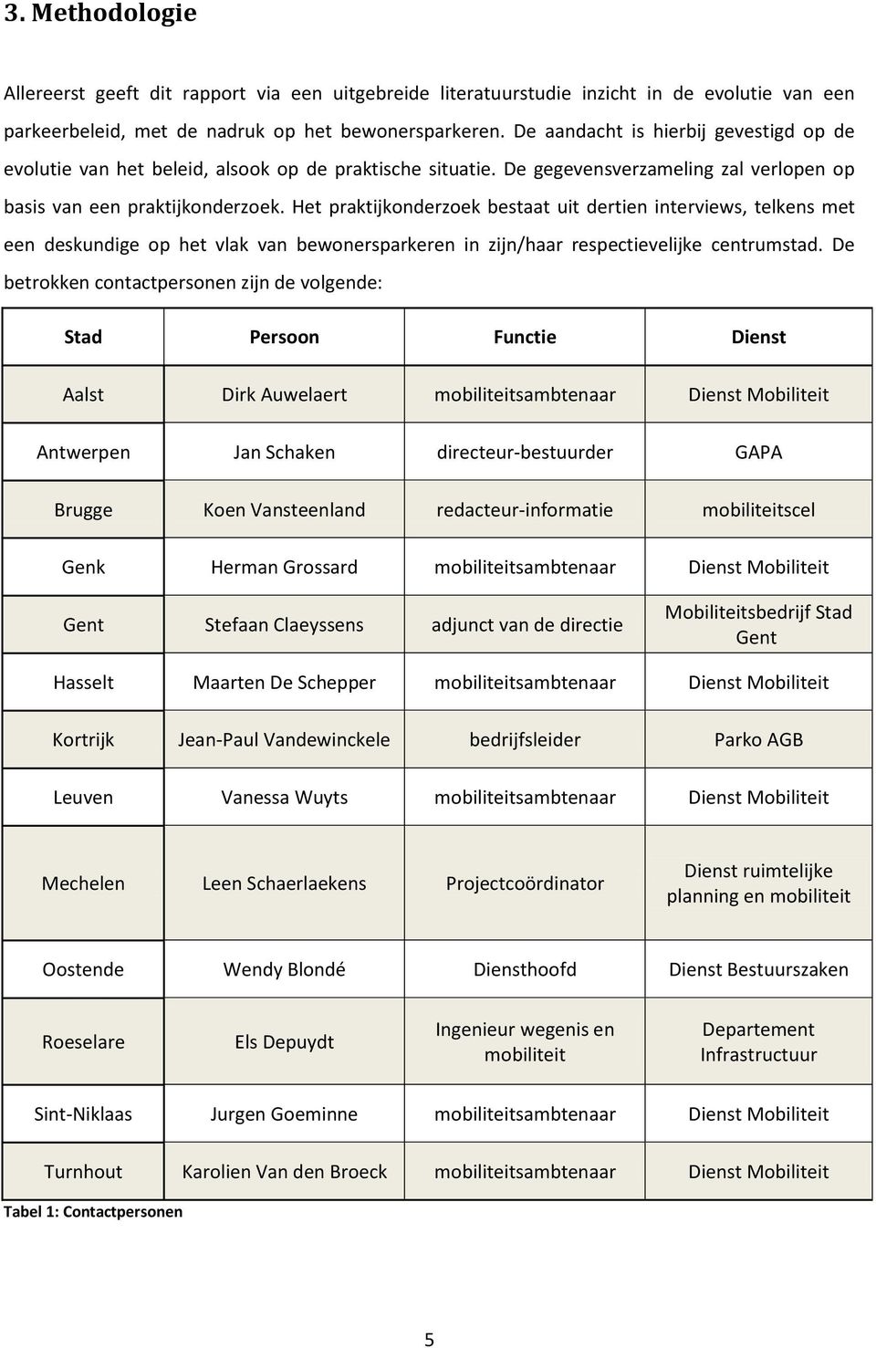 Het praktijkonderzoek bestaat uit dertien interviews, telkens met een deskundige op het vlak van bewonersparkeren in zijn/haar respectievelijke centrumstad.