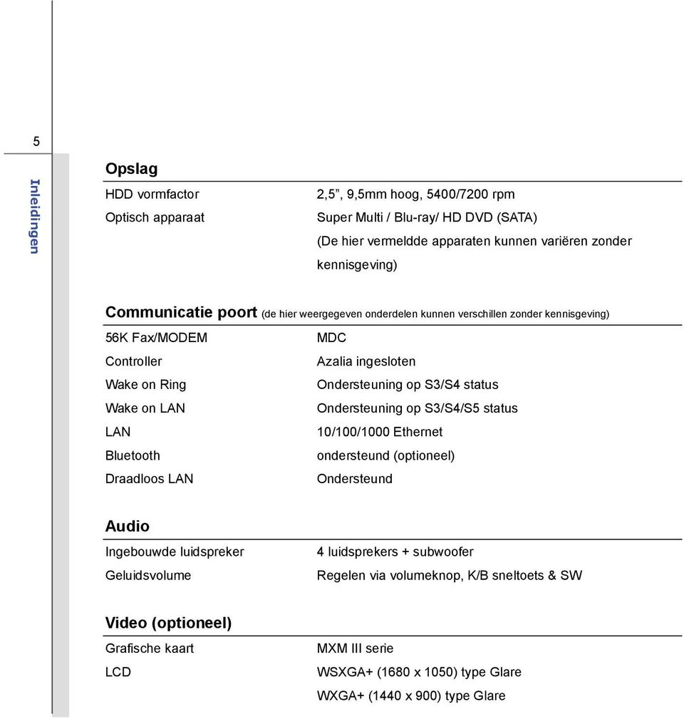 status Wake on LAN Ondersteuning op S3/S4/S5 status LAN 10/100/1000 Ethernet Bluetooth ondersteund (optioneel) Draadloos LAN Ondersteund Audio Ingebouwde luidspreker