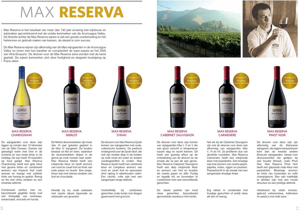 De Max Reserva wijnen zijn afkomstig van de Max wijngaarden in de Aconcagua Valley en tonen met hun karakter en complexiteit de ware passie en het DNA van Viña Errazuriz.