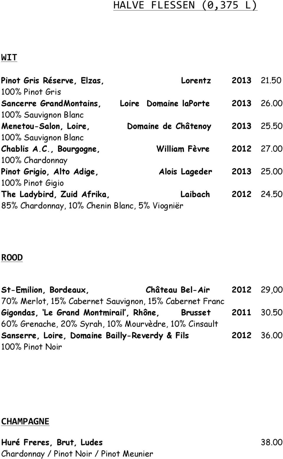 00 100% Chardonnay Pinot Grigio, Alto Adige, Alois Lageder 2013 25.00 100% Pinot Gigio The Ladybird, Zuid Afrika, Laibach 2012 24.