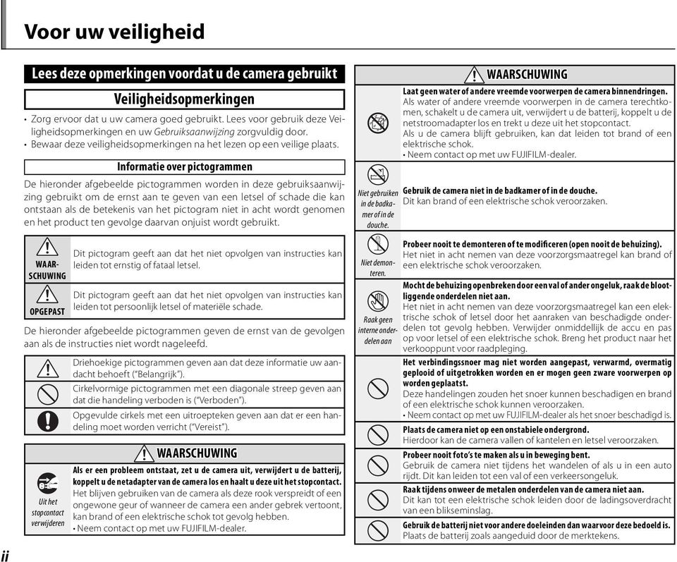 Informatie over pictogrammen De hieronder afgebeelde pictogrammen worden in deze gebruiksaanwijzing gebruikt om de ernst aan te geven van een letsel of schade die kan ontstaan als de betekenis van