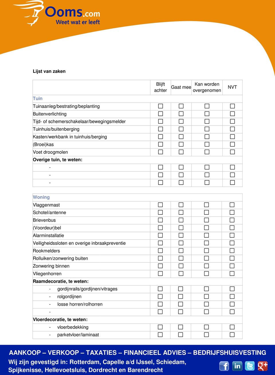 Brievenbus (Voordeur)bel Alarminstallatie Veiligheidssloten en overige inbraakpreventie Rookmelders Rolluiken/zonwering buiten Zonwering binnen