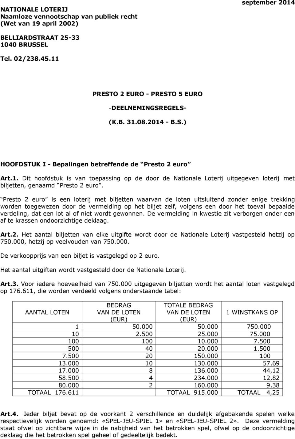 Presto 2 euro is een loterij met biljetten waarvan de loten uitsluitend zonder enige trekking worden toegewezen door de vermelding op het biljet zelf, volgens een door het toeval bepaalde verdeling,