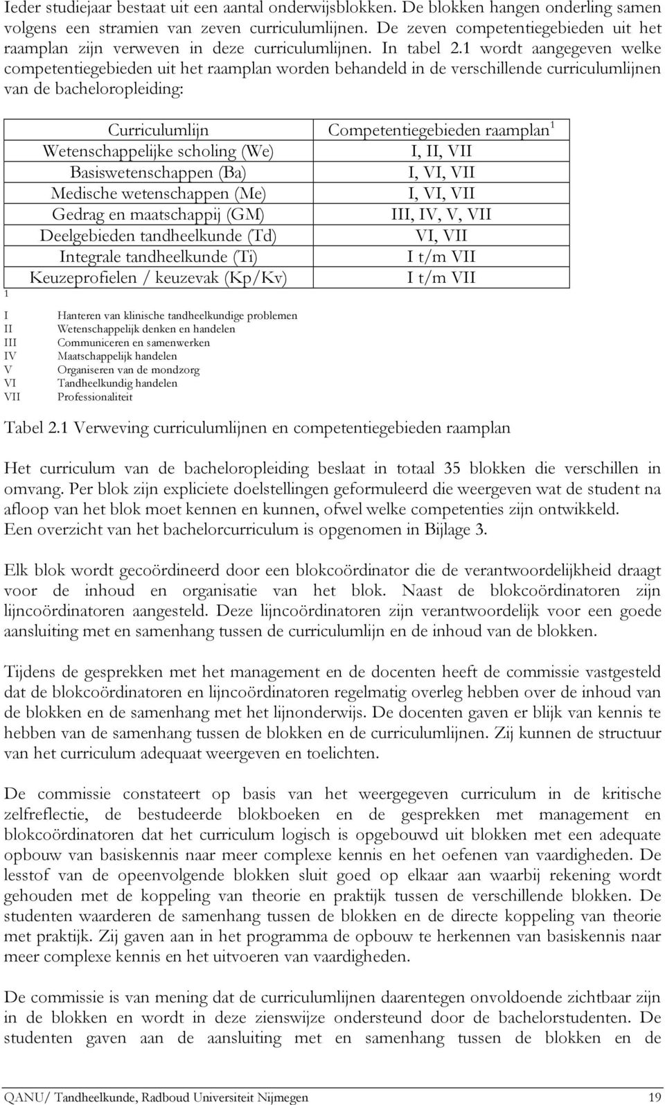 1 wordt aangegeven welke competentiegebieden uit het raamplan worden behandeld in de verschillende curriculumlijnen van de bacheloropleiding: 1 I II III IV V VI VII Curriculumlijn Competentiegebieden