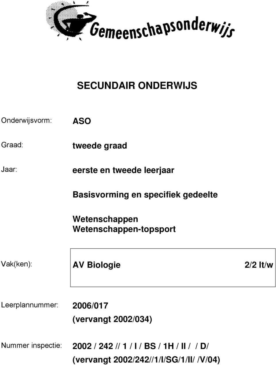 Vak(ken): AV Biologie 2/2 lt/w Leerplannummer: 2006/017 (vervangt 2002/034) Nummer
