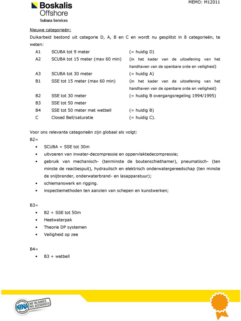 openbare orde en veiligheid) B2 SSE tot 30 meter (= huidig B overgangsregeling 1994/1995) B3 SSE tot 50 meter B4 SSE tot 50 meter met wetbell (= huidig B) C Closed Bell/saturatie (= huidig C).