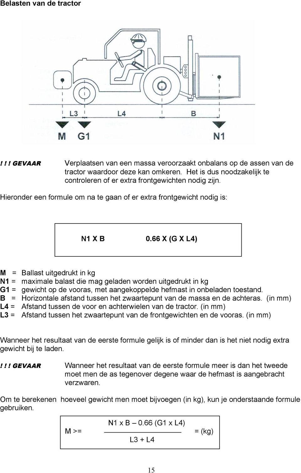 66 X (G X L4) M = Ballast uitgedrukt in kg N1 = maximale balast die mag geladen worden uitgedrukt in kg G1 = gewicht op de vooras, met aangekoppelde hefmast in onbeladen toestand.