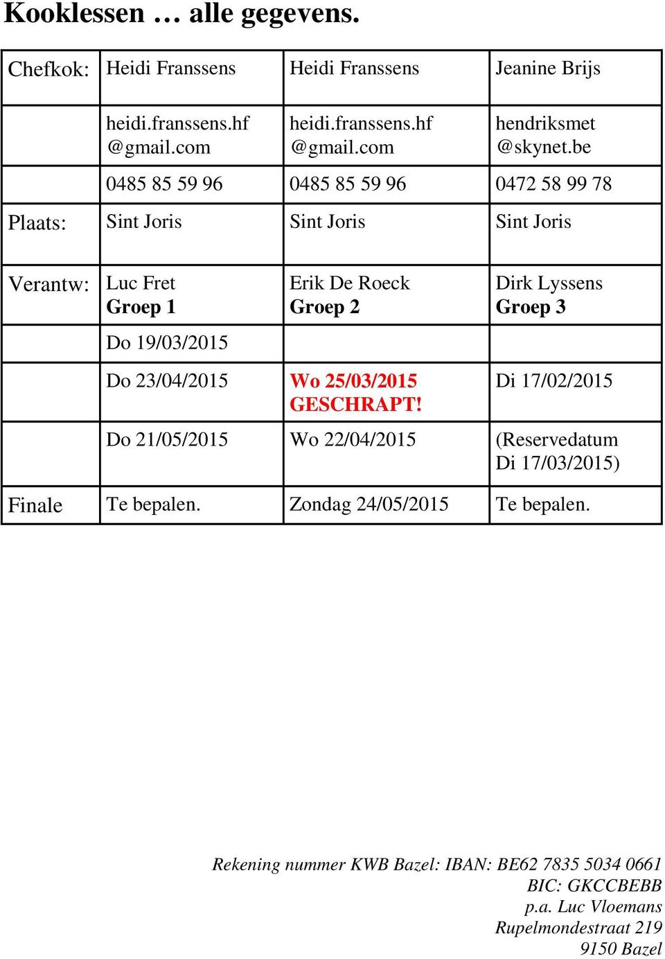 23/04/2015 Wo 25/03/2015 GESCHRAPT! Dirk Lyssens Groep 3 Di 17/02/2015 Do 21/05/2015 Wo 22/04/2015 (Reservedatum Di 17/03/2015) Finale Te bepalen.