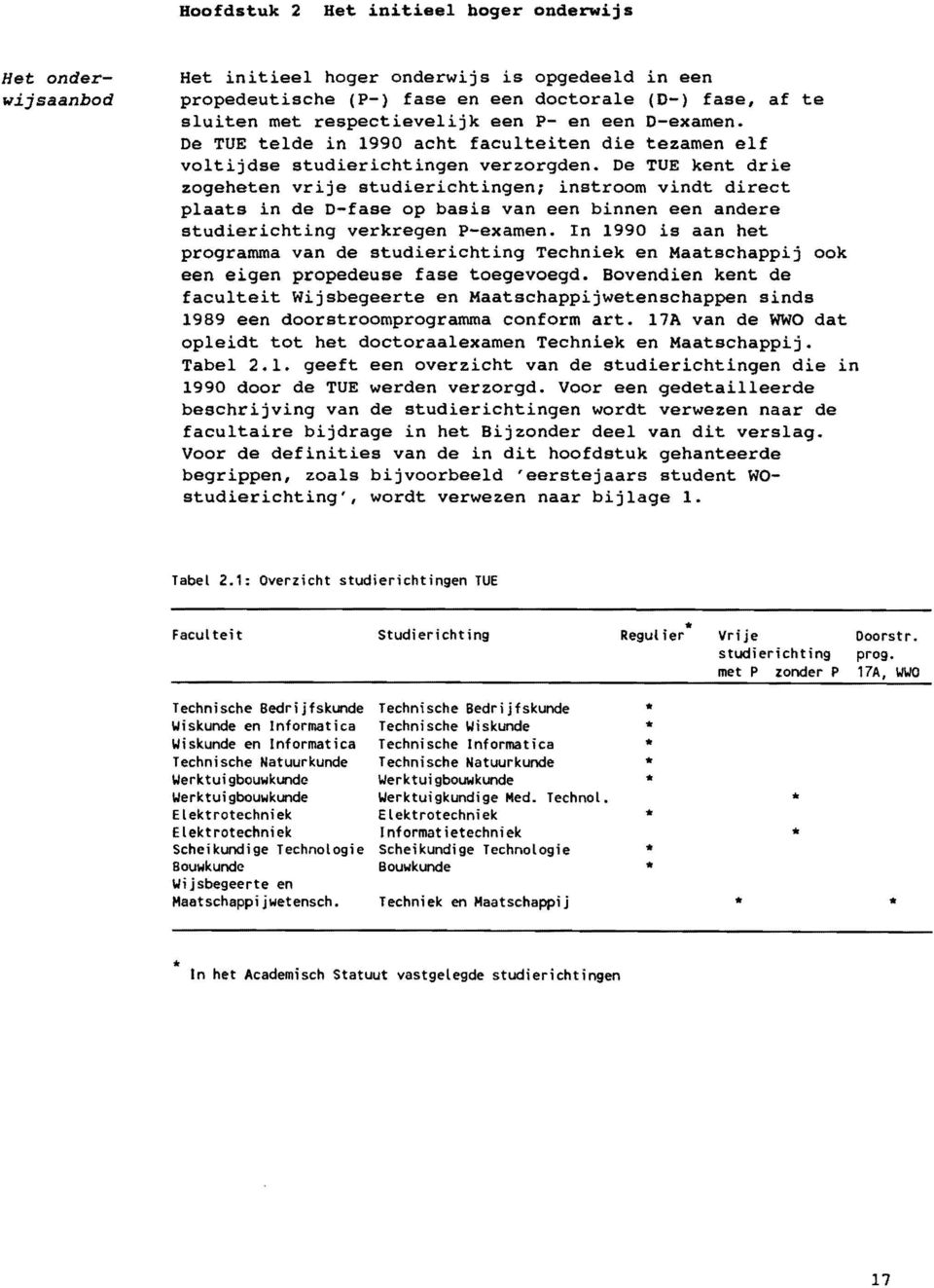 De TUE kent drie zogeheten vrije studierichtingen; instroom vindt direct plaats in de D-fase op basis van een binnen een andere studierichting verkregen P-examen.