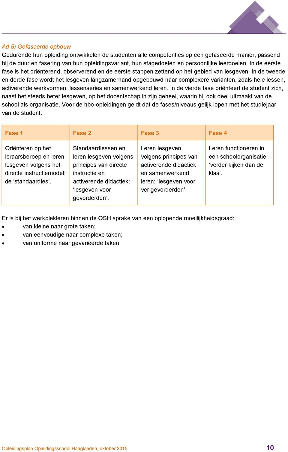 In de tweede en derde fase wordt het lesgeven langzamerhand opgebouwd naar complexere varianten, zoals hele lessen, activerende werkvormen, lessenseries en samenwerkend leren.