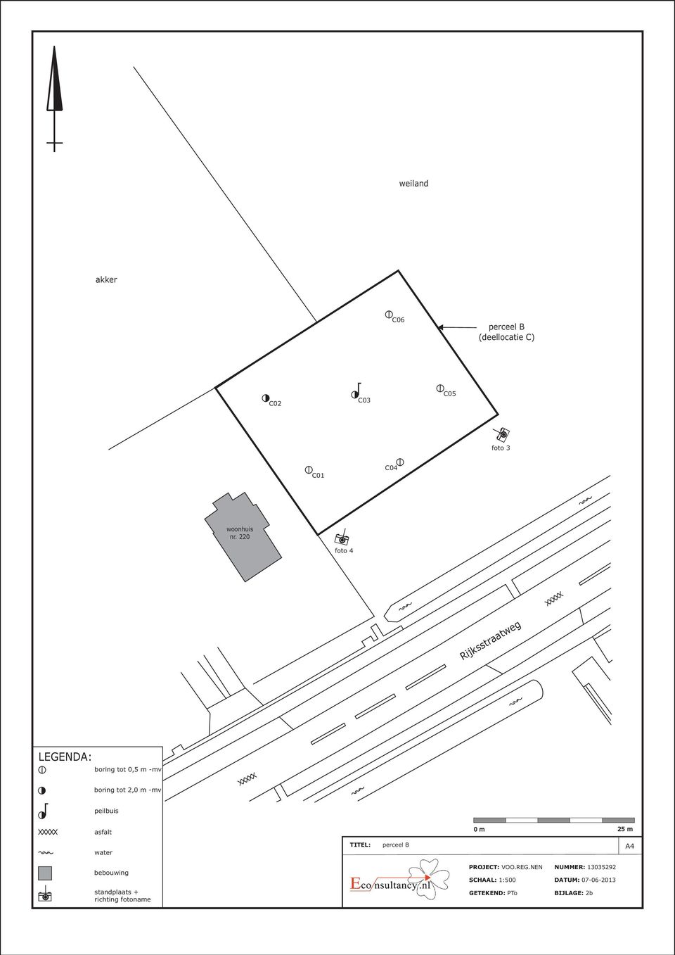 asfalt 0 m 25 m water TITEL: perceel B A4 bebouwing standplaats + richting fotoname