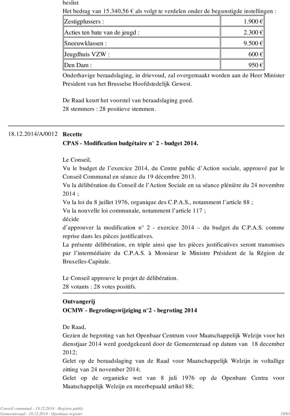 De Raad keurt het voorstel van beraadslaging goed. 28 stemmers : 28 positieve stemmen. 18.12.2014/A/0012 Recette CPAS - Modification budgétaire n 2 - budget 2014.