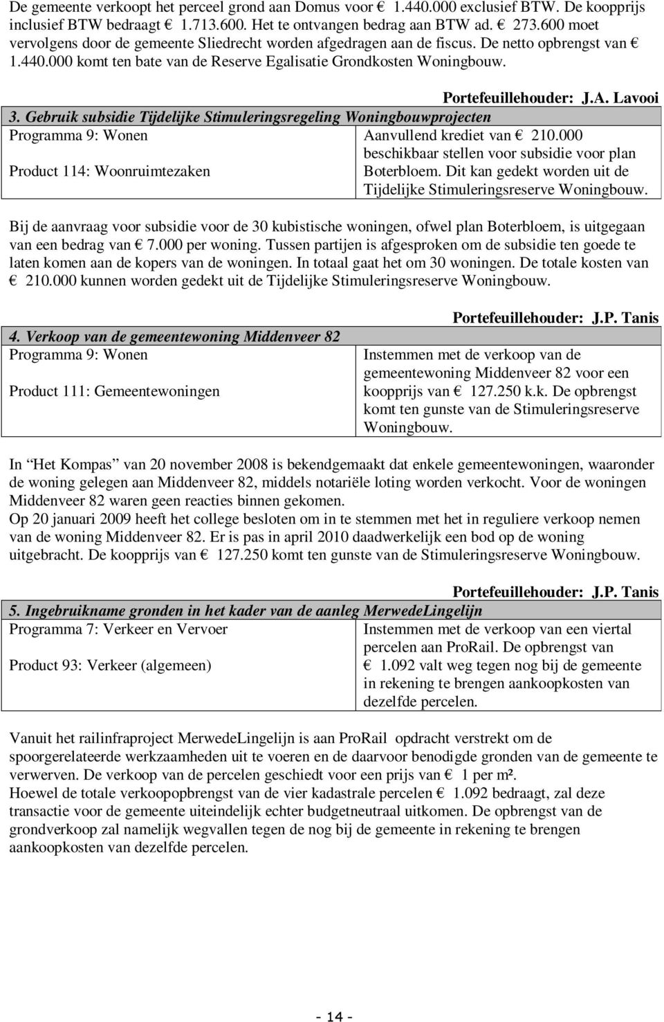 A. Lavooi 3. Gebruik subsidie Tijdelijke Stimuleringsregeling Woningbouwprojecten Programma 9: Wonen Aanvullend krediet van 210.