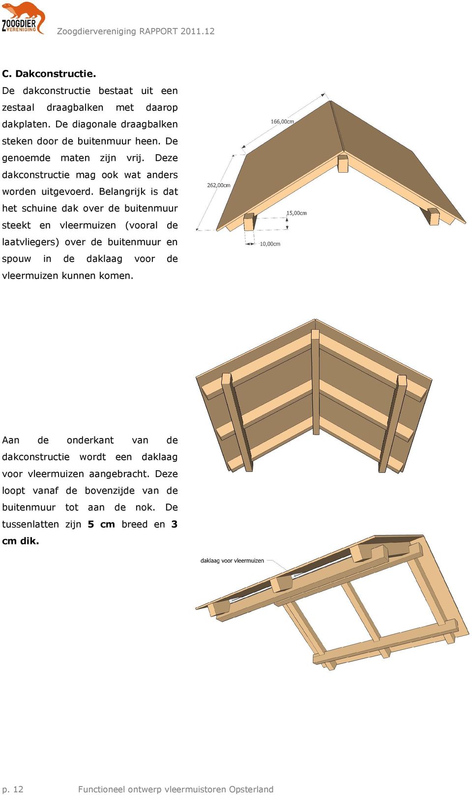 Belangrijk is dat het schuine dak over de buitenmuur steekt en vleermuizen (vooral de laatvliegers) over de buitenmuur en spouw in de daklaag voor de vleermuizen