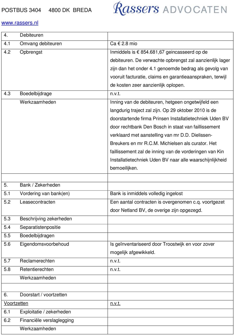 Op 29 oktober 2010 is de doorstartende firma Prinsen Installatietechniek Uden BV door rechtbank Den Bosch in staat van faillissement verklaard met aanstelling van mr D.D. Dielissen- Breukers en mr R.