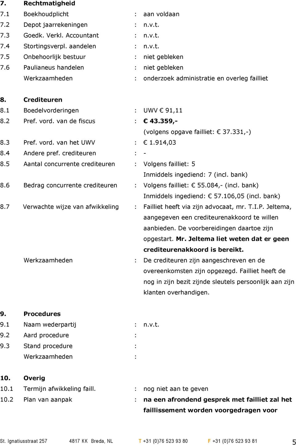 359,- (volgens opgave failliet: 37.331,-) 8.3 Pref. vord. van het UWV : 1.914,03 8.4 Andere pref. crediteuren : - 8.5 Aantal concurrente crediteuren : Volgens failliet: 5 Inmiddels ingediend: 7 (incl.