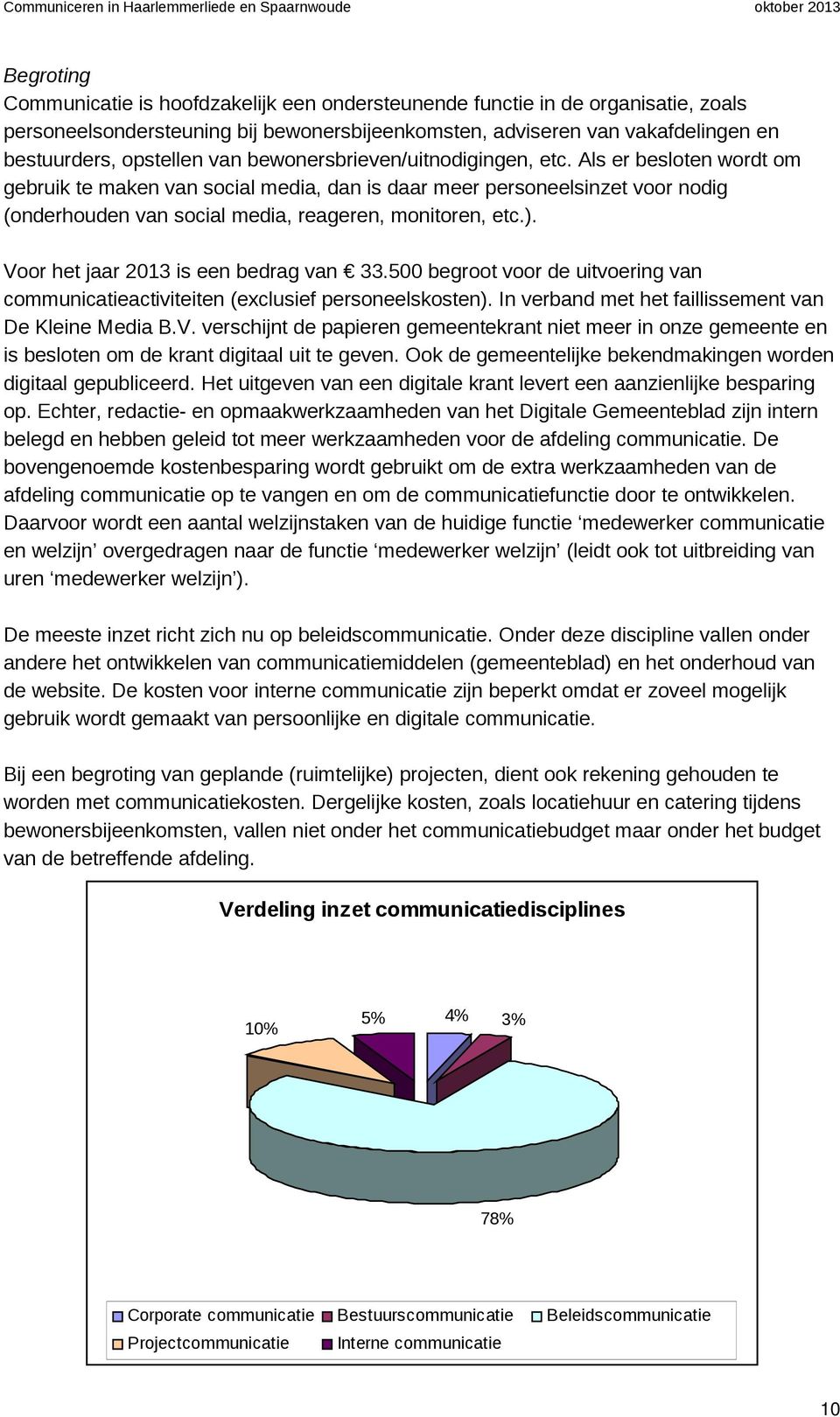 ). Voor het jaar 2013 is een bedrag van 33.500 begroot voor de uitvoering van communicatieactiviteiten (exclusief personeelskosten). In verband met het faillissement van De Kleine Media B.V. verschijnt de papieren gemeentekrant niet meer in onze gemeente en is besloten om de krant digitaal uit te geven.