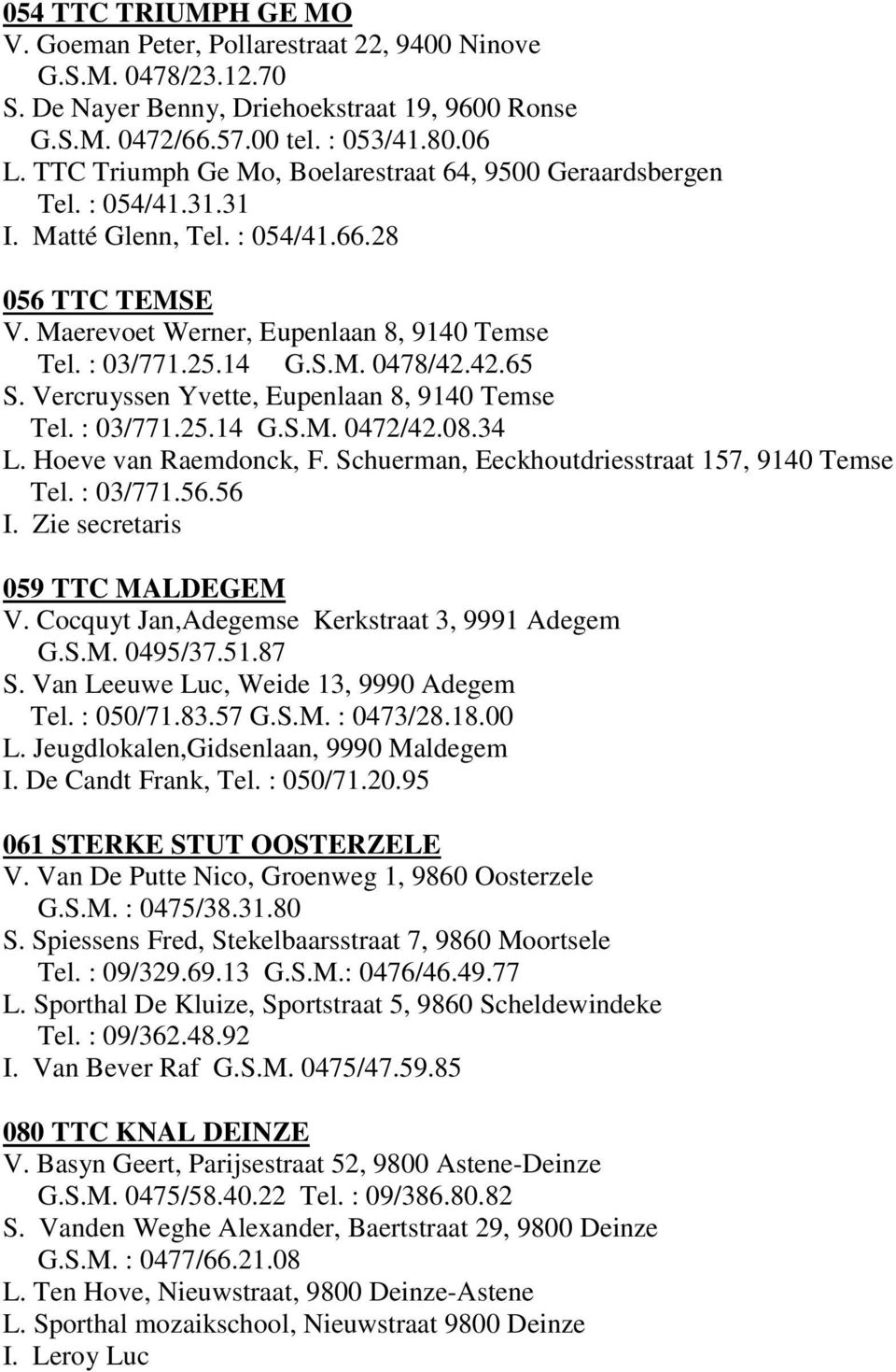 42.65 S. Vercruyssen Yvette, Eupenlaan 8, 9140 Temse Tel. : 03/771.25.14 G.S.M. 0472/42.08.34 L. Hoeve van Raemdonck, F. Schuerman, Eeckhoutdriesstraat 157, 9140 Temse Tel. : 03/771.56.